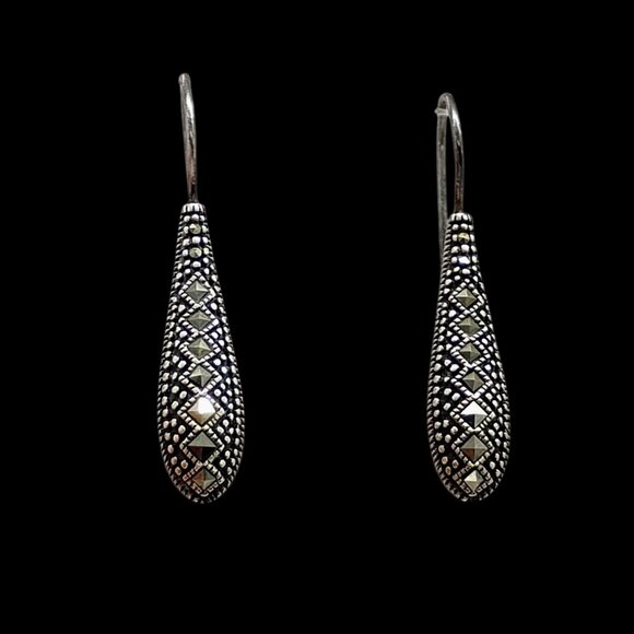Vtg Art Deco Marcasite Sterling Silver Signed 925 A Teardrop Dangle Earrings - Picture 1 of 6